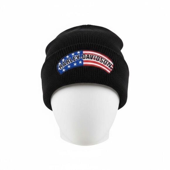 Harley Davidson Skull Knit Cap American Flag Patch Black Beanie - Picture 2 of 9